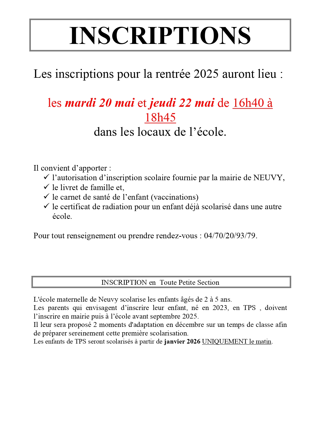 INSCRIPTIONS ÉCOLE DE NEUVY